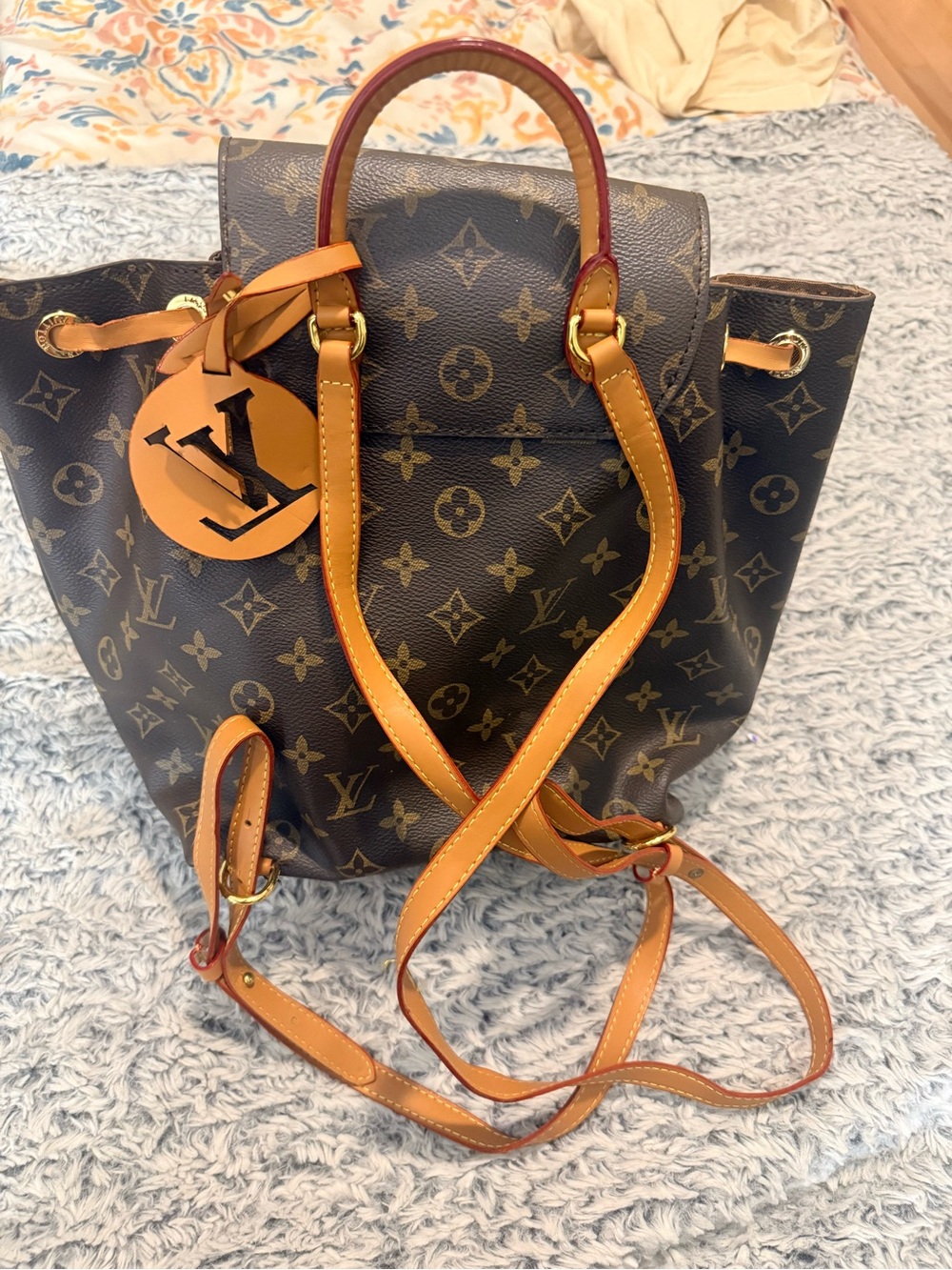 Brown Monogram Drawstring Backpack with Tan Trim - Picture 8 of 11